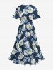 Flower Leaf Print Hawaii Ruffles Tied A Line Dress - Paon Bleu 4X