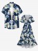 Flower Leaf Print Hawaii Ruffles Tied A Line Dress - Paon Bleu 4X