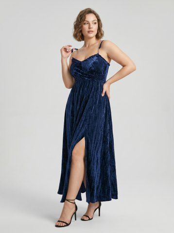 Plus Size Ruched Crisscross Panel Ruffles Buckle Chains Split Velvet Cami Dress - BLUE - L | US 12