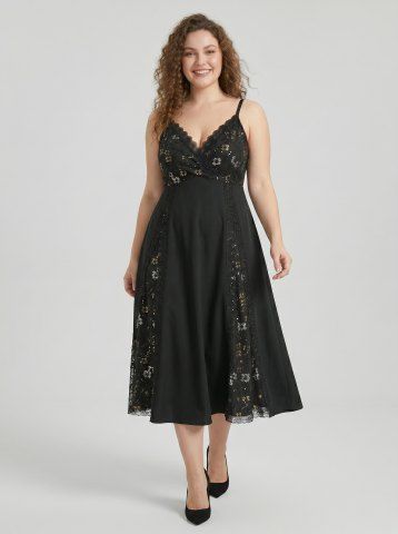 Robe de soirée trapèze à volants et à paillettes en dentelle florale dorée grande taille - BLACK - 2X | US 18-20
