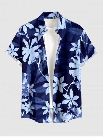 Flower Leaf Branch Print Hawaii Button Pocket Shirt For Men