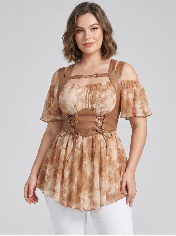 Plus Size Tie Dye Leaf Print Chain Panel PU Leafther Strapy Lace Up Corset 2 In 1 Cold Shoulder Plisse Blouse - COFFEE - 1X | US 14-16