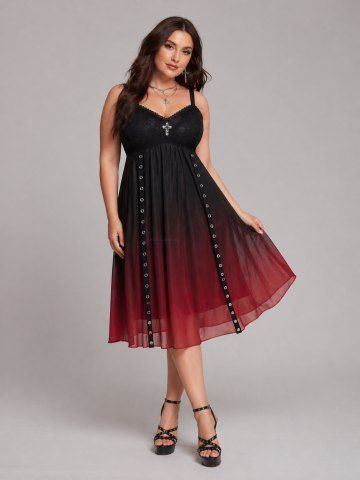 Robe caraco trapèze grande taille en résille avec tête de mort et œillets croisés, effet dip dye ombré - BLACK - 3X | US 22-24