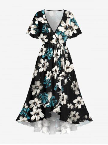 Plus Size Flowers Tropical Leaf Print Surplice Tulip Hem Ruffles Hawaii Dress