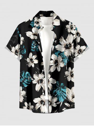 Plus Size Flowers Tropical Leaf Print Buttons Pocket Hawaii Shirt For Men - BLACK - S