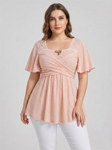 Plus Size Flutter Sleeve Butterfly Decor Crossover Bust Pointelle Hollow Out Solid Top - LIGHT PINK - 1X | US 14-16