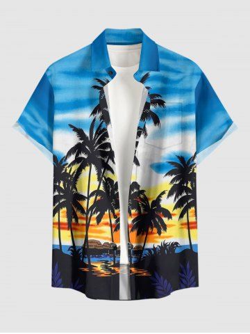 Plus Size Coconut Tree Sun Seascape Print Buttons Pocket Hawaii Shirt For Men