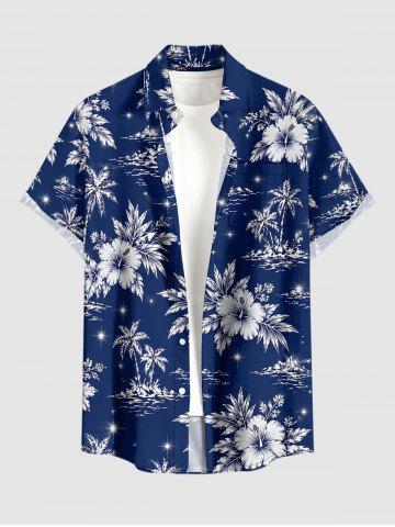 Plus Size Hibiscus Flower Coconut Tree Print Buttons Pocket Hawaii Shirt For Men
