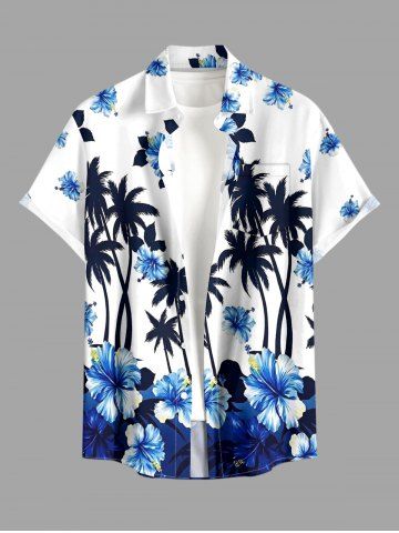 Plus Size Coconut Tree Hibiscus Flower Print Buttons Pocket Hawaii Shirt For Men - BLUE - 6XL