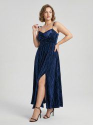 Plus Size Ruched Crisscross Panel Ruffles Buckle Chains Split Velvet Cami Dress -  