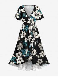 Flowers Tropical Leaf Print Surplice Tulip Hem Ruffles Hawaii Dress - Noir 4X