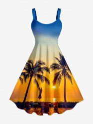 Plus Size Coconut Tree Sun Ombre Print Hawaii Tank Dress - Brun Doré 1X