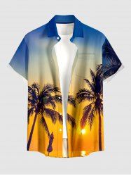 Plus Size Coconut Tree Sun Ombre Print Buttons Pocket Hawaii Shirt For Men - Brun Doré 5XL