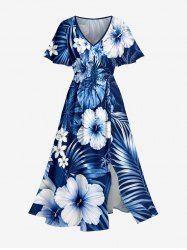 Plus Size Hibiscus Flower Tropical Leaf Print Split Hawaii Midi Dress - Bleu 1X