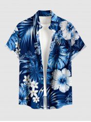 Hibiscus Flower Tropical Leaf Print Buttons Pocket Hawaii Shirt For Men - Bleu M