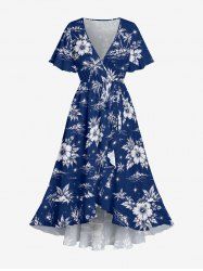 Hibiscus Flower Coconut Tree Print Surplice Tulip Hem Ruffles Hawaii Dress -  