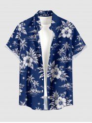 Plus Size Hibiscus Flower Coconut Tree Print Buttons Pocket Hawaii Shirt For Men - Bleu profond 5XL
