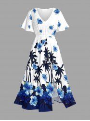 Coconut Tree Hibiscus Flower Print Split Hawaii Midi Dress -  