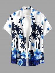 Coconut Tree Hibiscus Flower Print Buttons Pocket Hawaii Shirt For Men -  