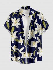Plus Size Lily Flower Leaf Print Hawaii Button Pocket Shirt For Men - Cadetblue 5XL