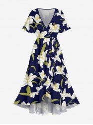 Plus Size Lily Flower Leaf Print Hawaii Ruffles Tied A Line Dress - Cadetblue 5X