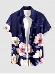 Flower Leaf Print Hawaii Button Pocket Shirt For Men -  