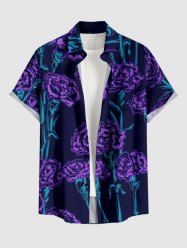 Flower Plant Print Hawaii Button Pocket Shirt For Men - Pourpre  2XL
