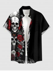 Chemise pour homme à boutons et poche, à imprimé crâne, papillon, rose, fleur, plume et aile - Noir S