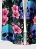 Chemise Hawaïenne à boutons avec poche imprimé crânes, hibiscus et feuilles pour homme - Émeraude S