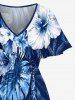 Plus Size Hibiscus Flower Tropical Leaf Print Split Hawaii Midi Dress - Bleu 2X