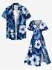 Plus Size Hibiscus Flower Tropical Leaf Print Split Hawaii Midi Dress - Bleu 1X