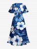 Plus Size Hibiscus Flower Tropical Leaf Print Split Hawaii Midi Dress - Bleu 3X