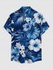 Hibiscus Flower Tropical Leaf Print Buttons Pocket Hawaii Shirt For Men - Bleu M