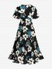 Flowers Tropical Leaf Print Surplice Tulip Hem Ruffles Hawaii Dress - Noir 4X