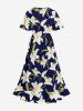 Plus Size Lily Flower Leaf Print Hawaii Ruffles Tied A Line Dress - Cadetblue 3X