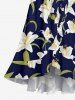 Plus Size Lily Flower Leaf Print Hawaii Ruffles Tied A Line Dress - Cadetblue 2X