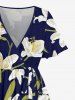 Plus Size Lily Flower Leaf Print Hawaii Ruffles Tied A Line Dress - Cadetblue 5X
