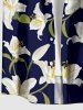 Plus Size Lily Flower Leaf Print Hawaii Button Pocket Shirt For Men - Cadetblue 5XL