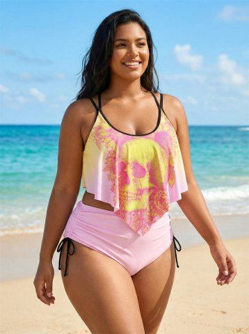 Plus Size Skull Sunflower Print Peplum Hem Crisscross Cinched Tankini Swimsuit - LIGHT PINK - 2X | US 18-20