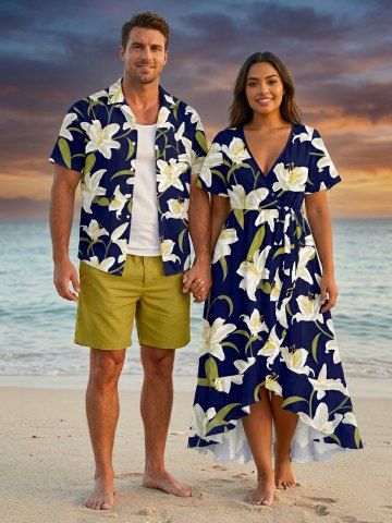 Lily Flower Leaf Print Plus Size Matching Hawaii Beach Outfit For Couples - CADETBLUE