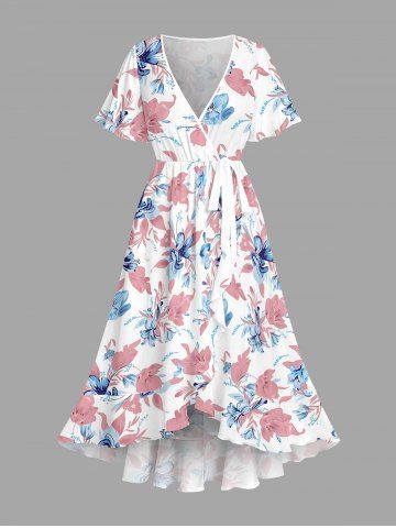 Plus Size Flower Leaf Print Surplice Tulip Hem Ruffles Hawaii Dress - PINK - XS