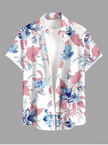 Plus Size Flower Leaf Print Buttons Pocket Hawaii Shirt For Men - PINK - M