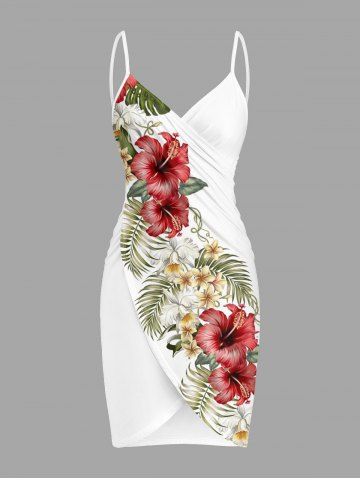Plus Size Hibiscus Flower Tropical Leaf Print Convertible Hawaii Beach Cover - WHITE - XXS