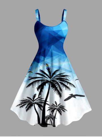 Plus Size Coconut Tree Bird Geometric Ombre Print Hawaii A Line Dress - BLUE - 3X