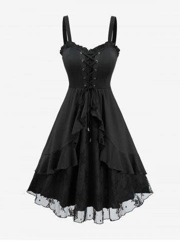 Flower Lace Jacquard Lace Up Ruffles A Line Dress - BLACK - L