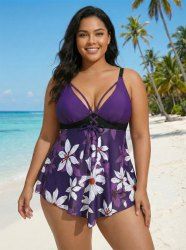 Plus Size Flower Print Tied Boyleg Asymmetric Tankini Swimsuit (Adjustable Shoulder Strap) -  