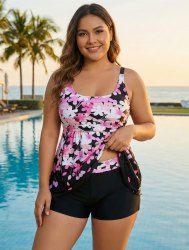 Maillot de bain tankini grande taille à imprimé pétales de fleurs, coupe shorty (bretelles réglables) - Noir L | US 12