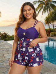 Plus Size Skull Butterfly Flower Print Shell Buckle Crisscross Boyleg Tankini Swimsuit (Adjustable Shoulder Strap) -  