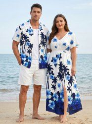 Coconut Tree Hibiscus Flower Print Matching Hawaii Beach Outfit For Couples - Bleu 