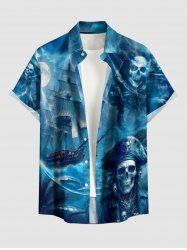 Plus Size Pirate Skull Octopus Ship Cruise Print Buttons Pocket Hawaii Shirt For Men - Paon Bleu 3XL